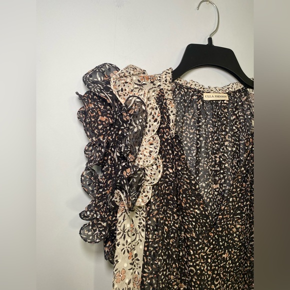 Ulla Johnson Silk Sheer Ruffle Sleeve Black and White Blouse Size 6 - Picture 4 of 10